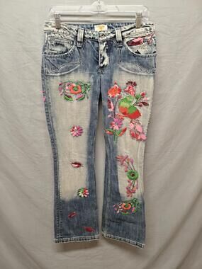 Antik Denim Jeans Womens 27 Blue Embroidered Floral Peacock Bootcut Made USA